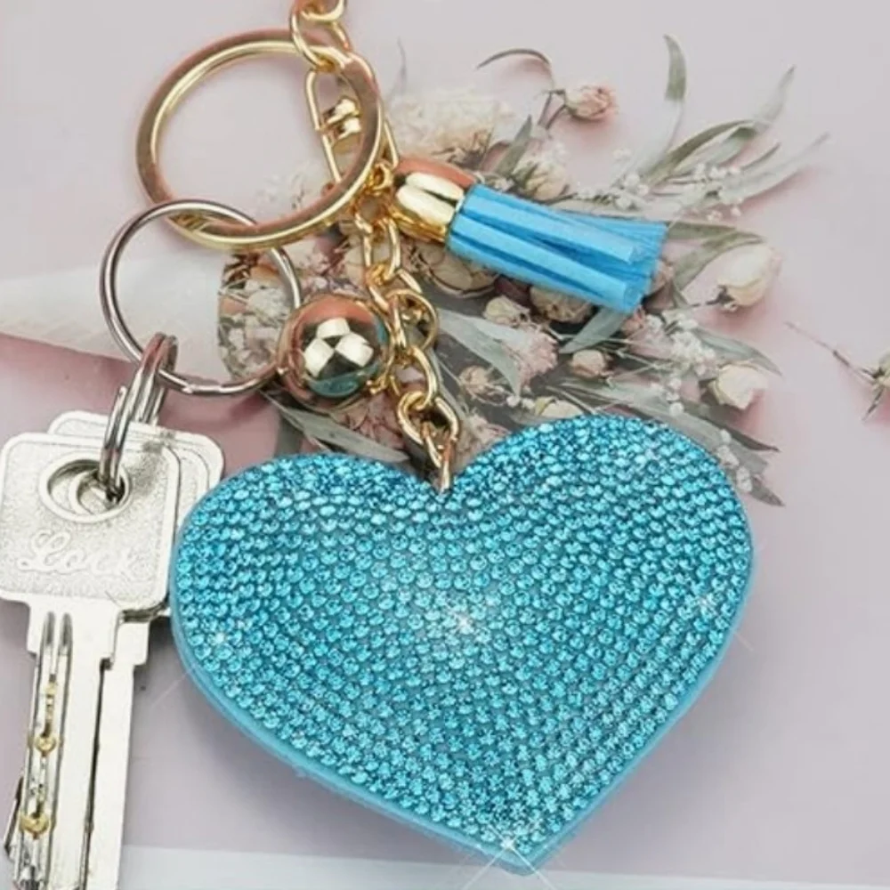 Sparkling Teal Leather Heart Keychain